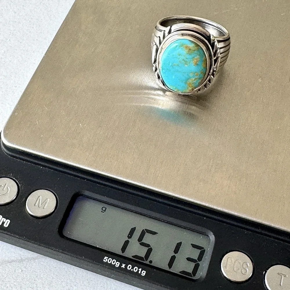 Navajo Mens Turquoise Ring Sz 12 Stamped Signed Denetdale Fans‎ Sterling Native